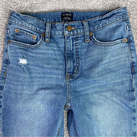 J. Crew Factory Jeans Women's 26 Blue Flare Crop Mid-Rise Dark Denim Distressed - Picture 2 of 11